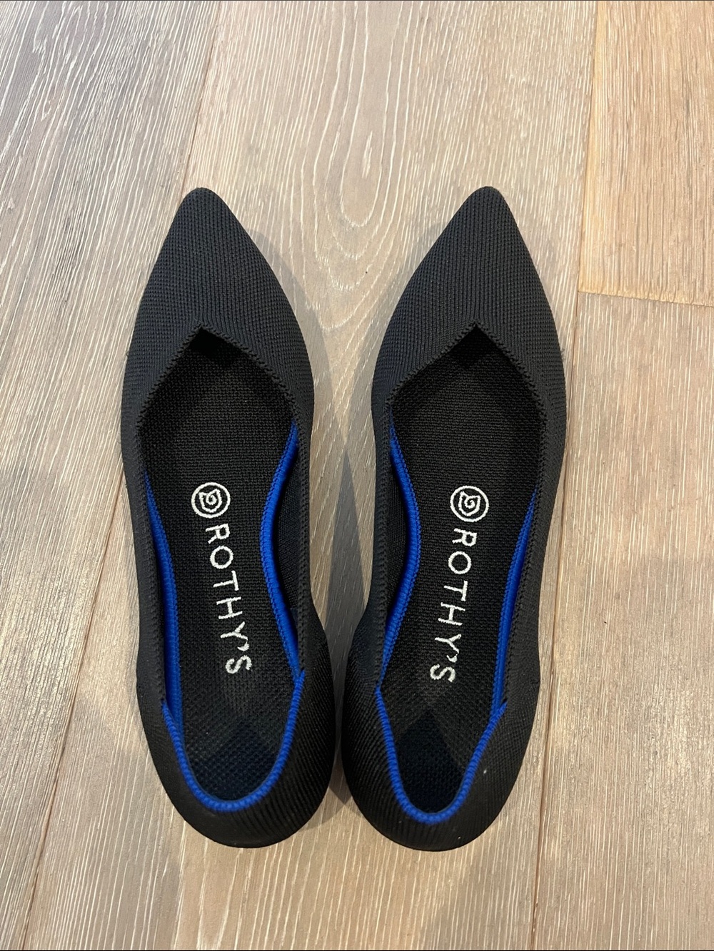 Rothy's Black Pointed Knit Flats with Blue Accent Trim